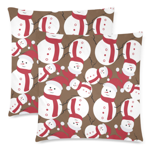 Snowman CHRISTMAS Pattern BROWN Custom Zippered Pillow Cases 18"x 18" (Twin Sides) (Set of 2)