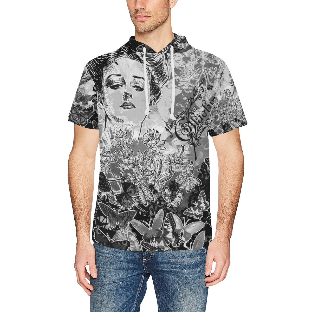 Lady and butterflies All Over Print Short Sleeve Hoodie for Men (Model H32)