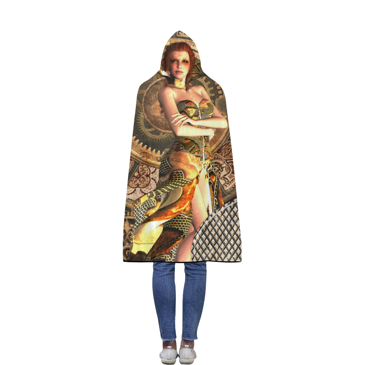 Steampunk lady with gears and clocks Flannel Hooded Blanket 50''x60''
