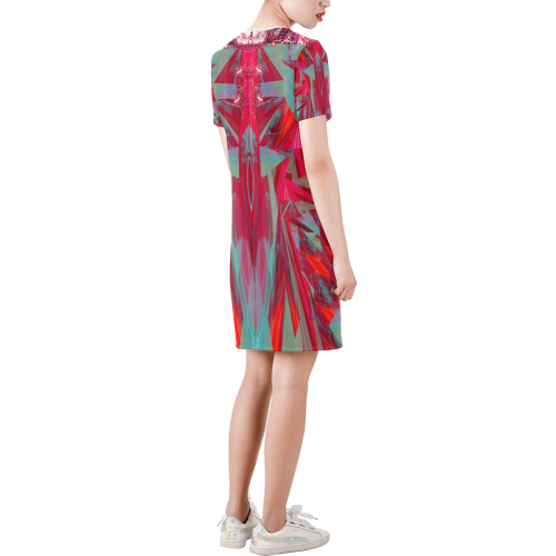assymetry fushia Short-Sleeve Round Neck A-Line Dress (Model D47)