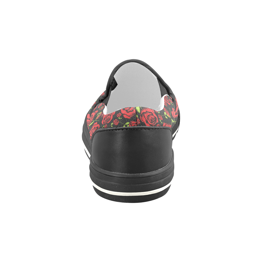 Red Roses on Black Men's Slip-on Canvas Shoes (Model 019)