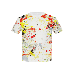 Black, Red, Yellow Paint Splatter (White Trim) Kids' All Over Print T-Shirt with Solid Color Neck (Model T40)