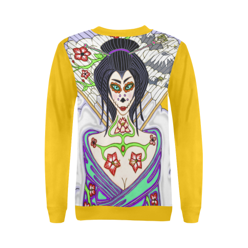 Geisha Sugar Skull Yellow All Over Print Crewneck Sweatshirt for Women (Model H18)