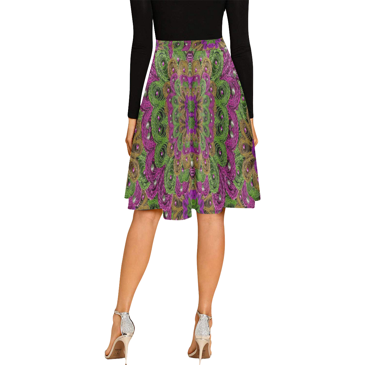 Peacock lace in the nature Melete Pleated Midi Skirt (Model D15)