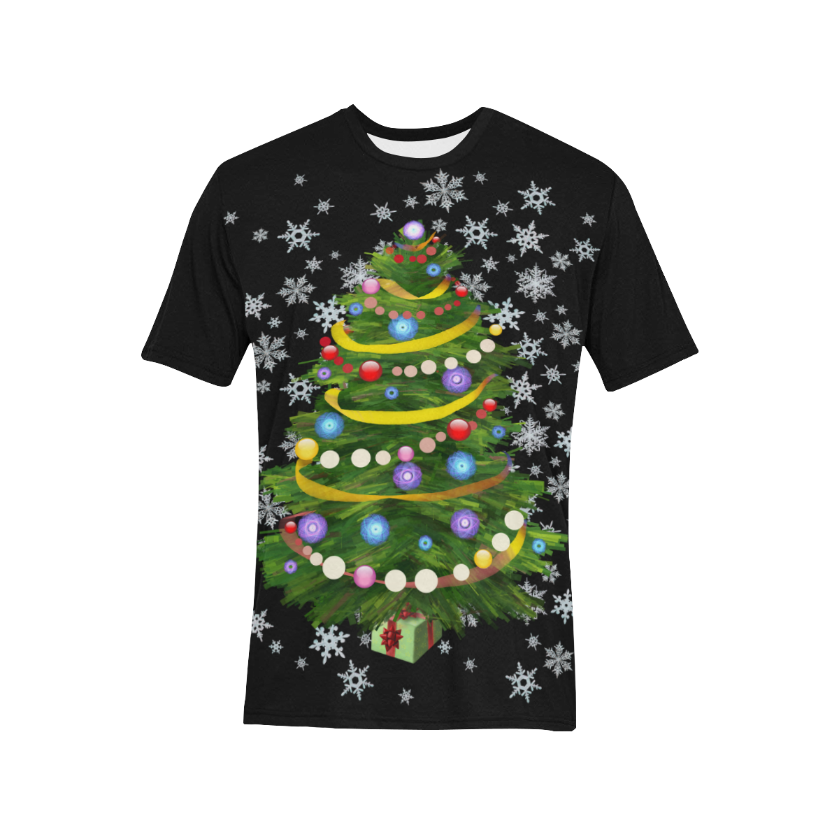 Snowflakes and Christmas Tree with Gift on black Men's All Over Print T-Shirt (Solid Color Neck) (Model T63)