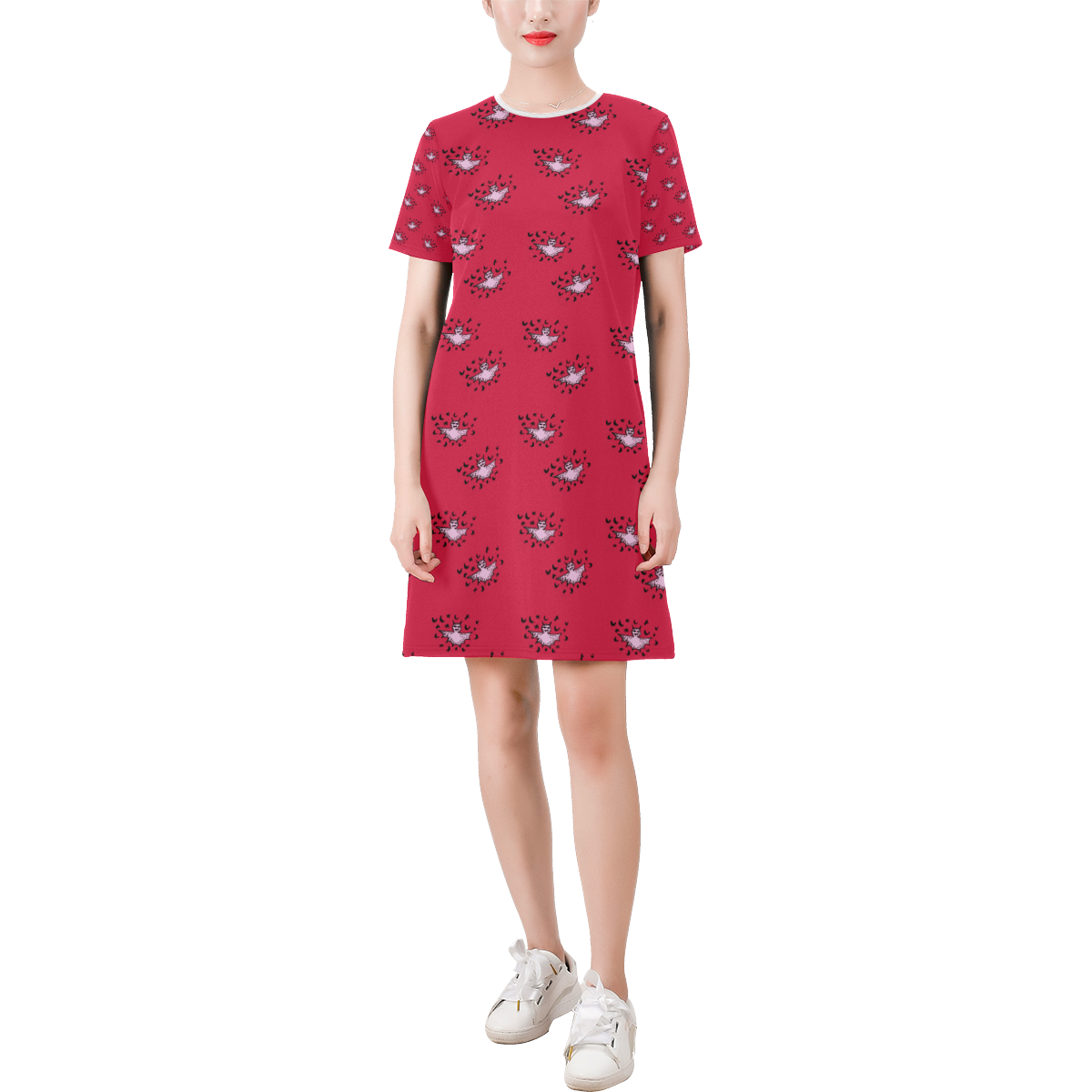 zodiac bat pink red Short-Sleeve Round Neck A-Line Dress (Model D47)
