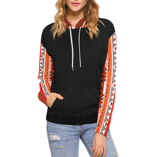 Black torso Red Black Orange Ethnic Print women's hoodie $38.99 base price All Over Print Hoodie for Women (USA Size) (Model H13)