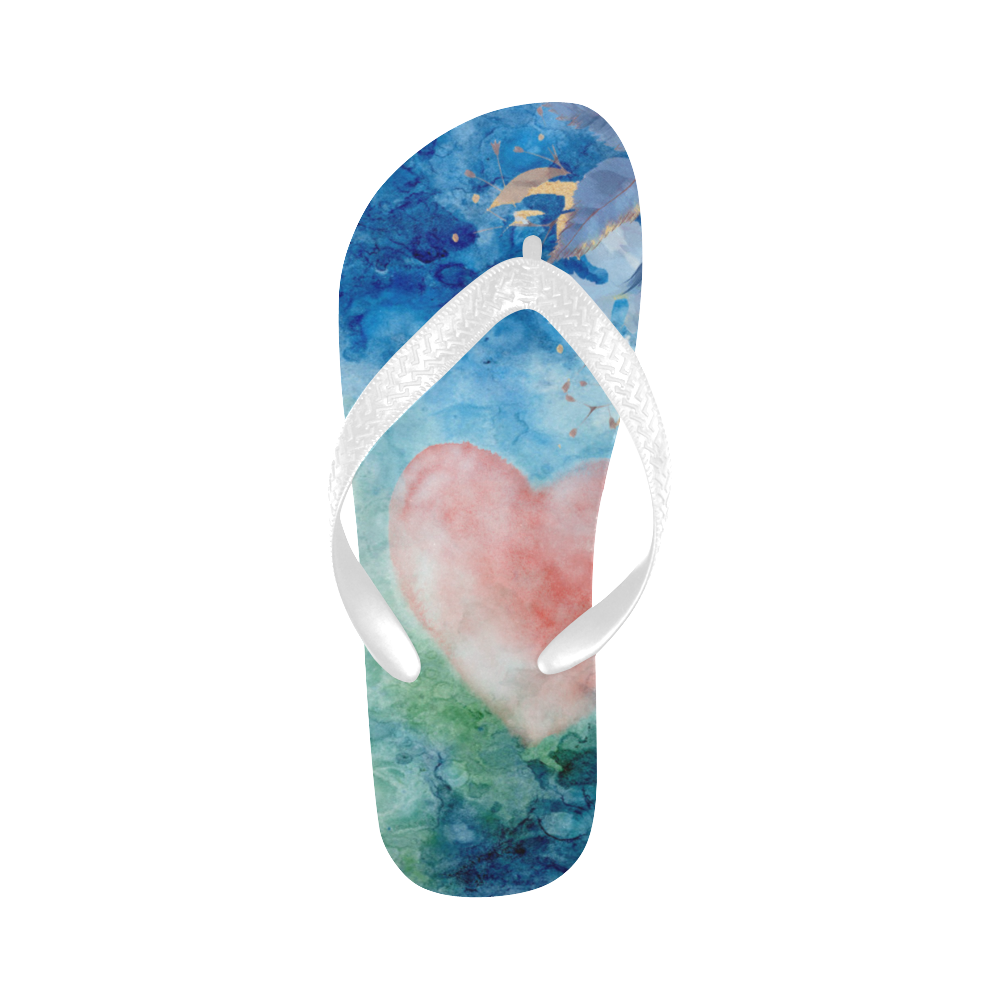Heart and flowers - Pink and Blue - White Flip Flops for Men/Women (Model 040)