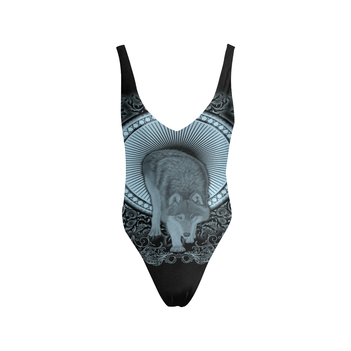 Wolf in black and blue Sexy Low Back One-Piece Swimsuit (Model S09)