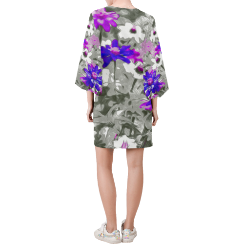 Flowers, black,white and splash C by JamColors Bell Sleeve Dress (Model D52)