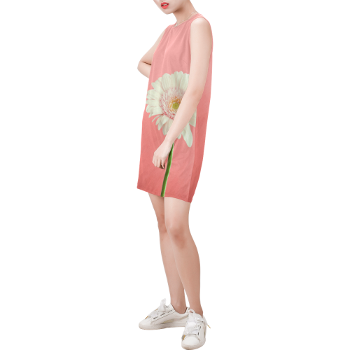Gerbera Daisy - White Flower on Coral Pink Sleeveless Round Neck Shift Dress (Model D51)