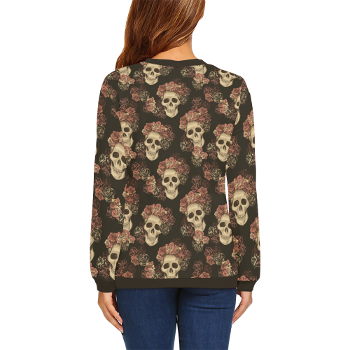 Skull and Rose Pattern All Over Print Crewneck Sweatshirt for Women (Model H18)