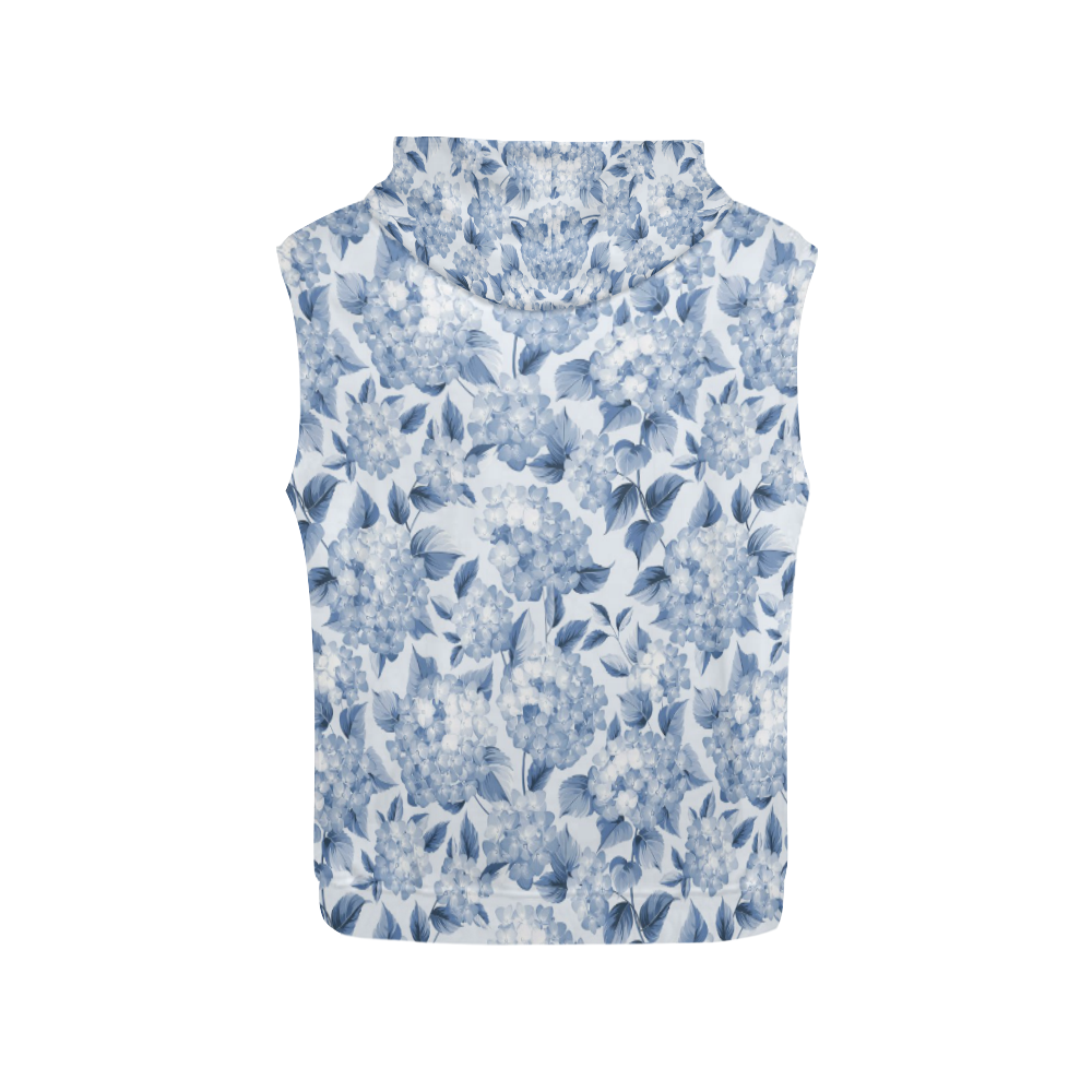 Blue and White Floral Pattern All Over Print Sleeveless Hoodie for Men (Model H15)