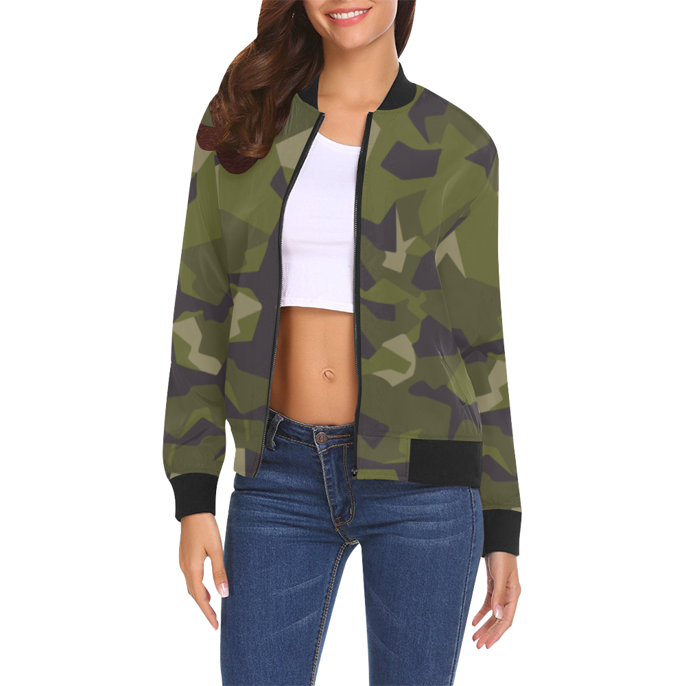 Swedish M90 woodland camouflage All Over Print Bomber Jacket for Women (Model H19)