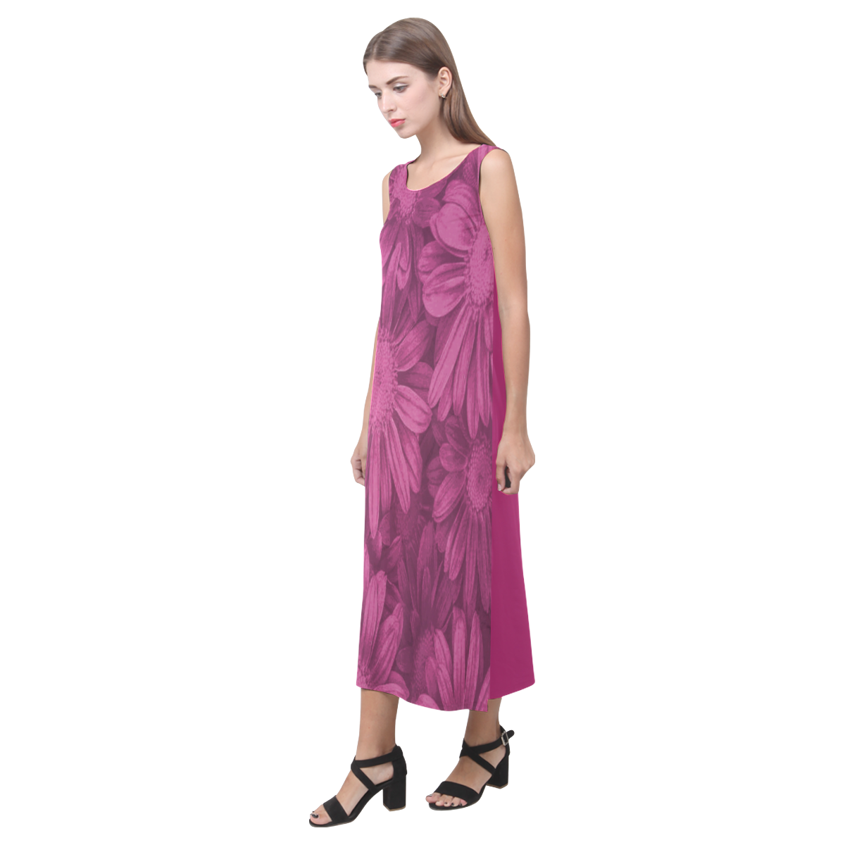 Rasberry Floral Midi Length Dress Phaedra Sleeveless Open Fork Long Dress (Model D08)