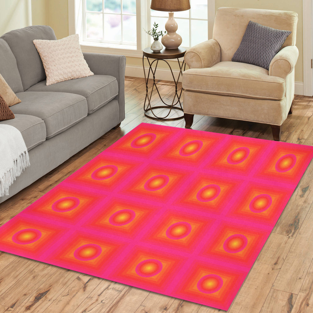 Pink yellow oval multiple squares Area Rug7'x5'