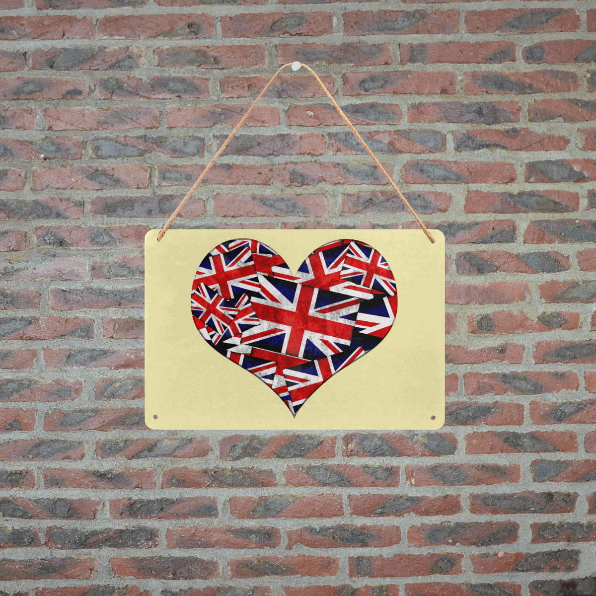 Union Jack British UK Flag Heart Yellow Metal Tin Sign 12"x8"