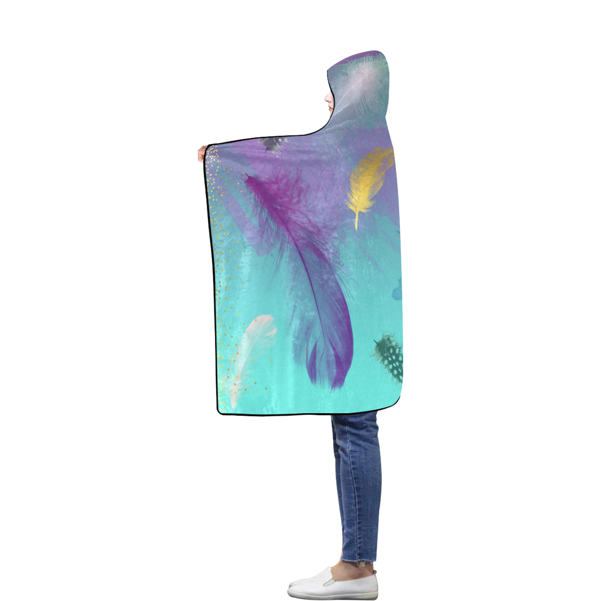 Dancing Feathers - Turquoise and Purple Flannel Hooded Blanket 40''x50''