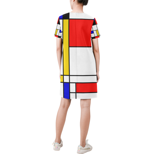 Bauhouse Composition Mondrian Style Short-Sleeve Round Neck A-Line Dress (Model D47)