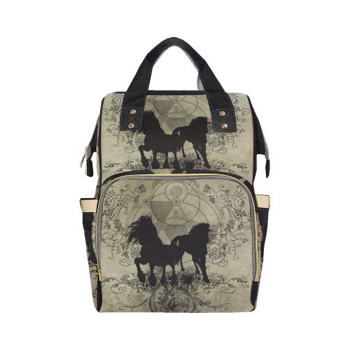Beautiful horses, solhouette in black Multi-Function Diaper Backpack/Diaper Bag (Model 1688)