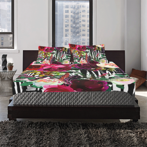 Floral On Zebra 3-Piece Bedding Set