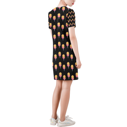cotton candy pattern  black Short-Sleeve Round Neck A-Line Dress (Model D47)