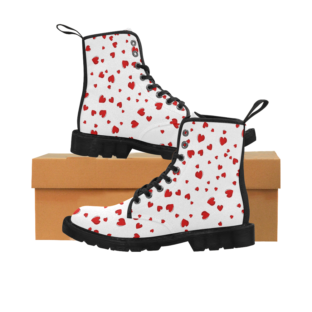Red Hearts Floating on White Martin Boots for Women (Black) (Model 1203H)