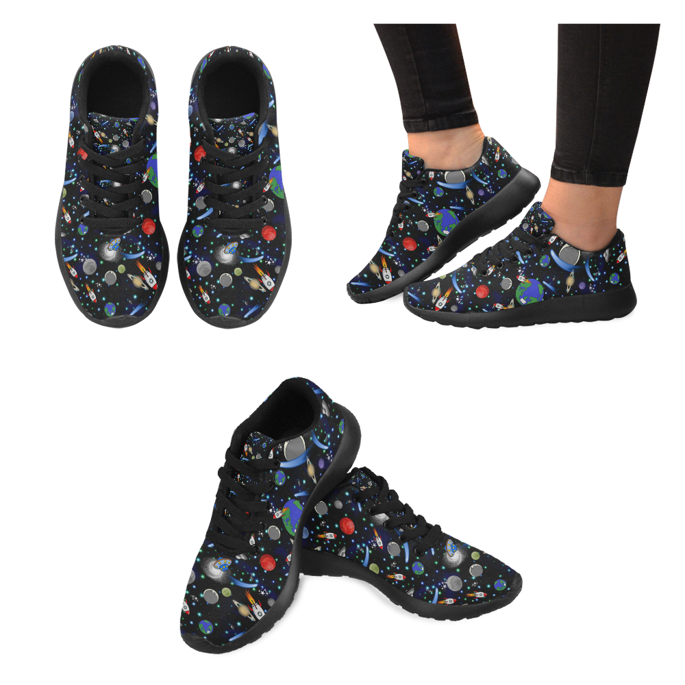 Galaxy Universe - Planets, Stars, Comets, Rockets (Black Laces) Women's Running Shoes/Large Size (Model 020)