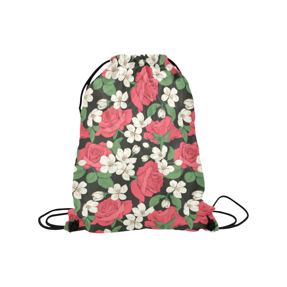 Pink, White and Black Floral Medium Drawstring Bag Model 1604 (Twin Sides) 13.8"(W) * 18.1"(H)