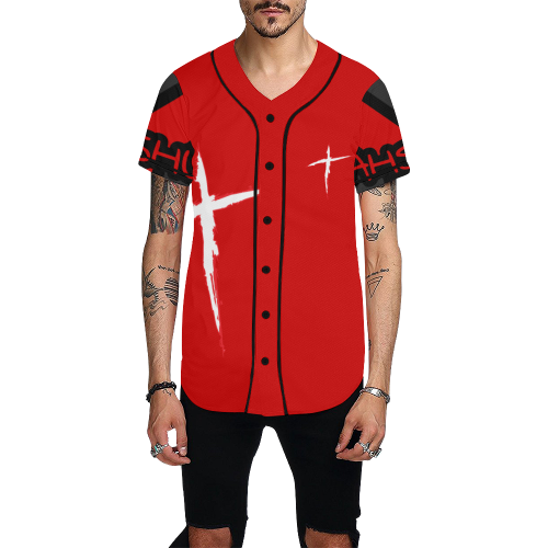 Red All Over Print Baseball Jersey for Men (Model T50)