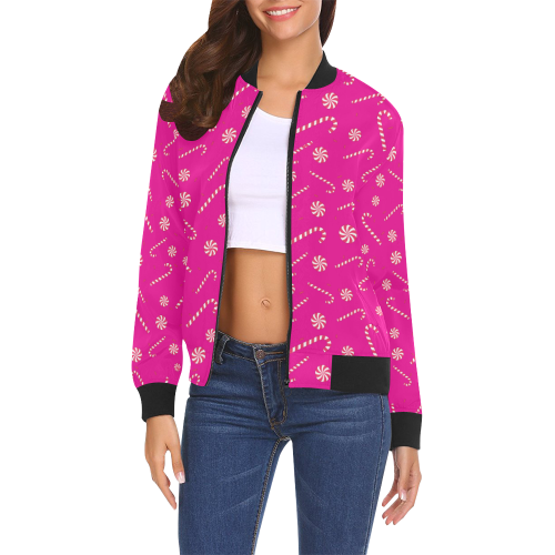 Candy CANE CHRISTMAS Pattern PINK HOPE All Over Print Bomber Jacket for Women (Model H19)