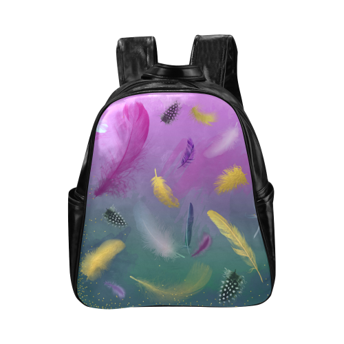 Dancing Feathers - Pink and Green Multi-Pockets Backpack (Model 1636)