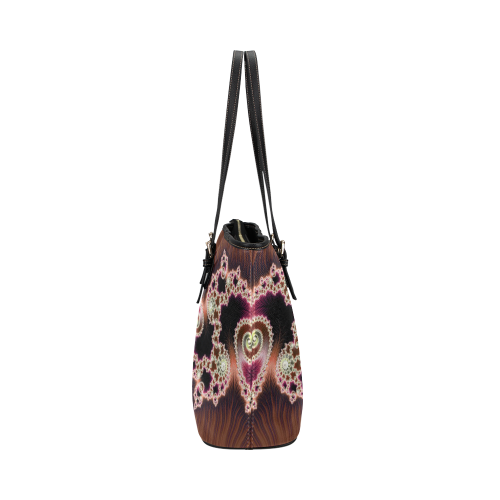 Copper and Pink Hearts Lace Fractal Abstract Leather Tote Bag/Small (Model 1651)