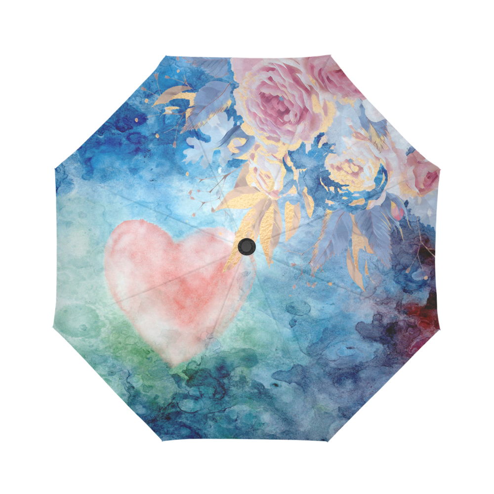 Heart and Flowers - Pink and Blue Auto-Foldable Umbrella (Model U04)
