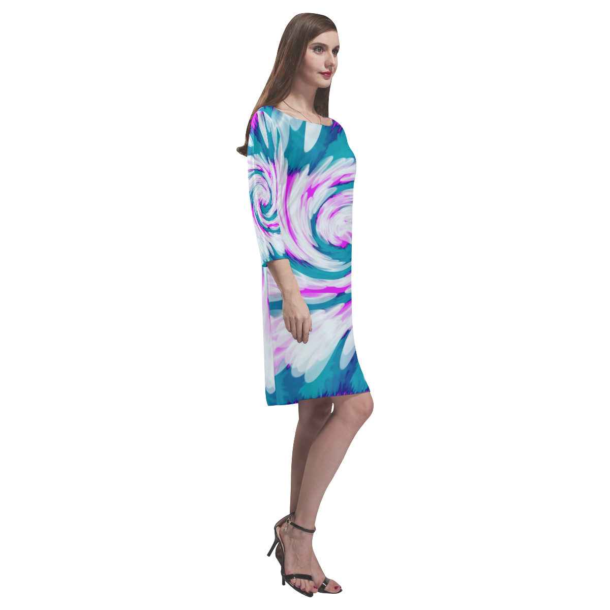Turquoise Pink Tie Dye Swirl Abstract Rhea Loose Round Neck Dress(Model D22)