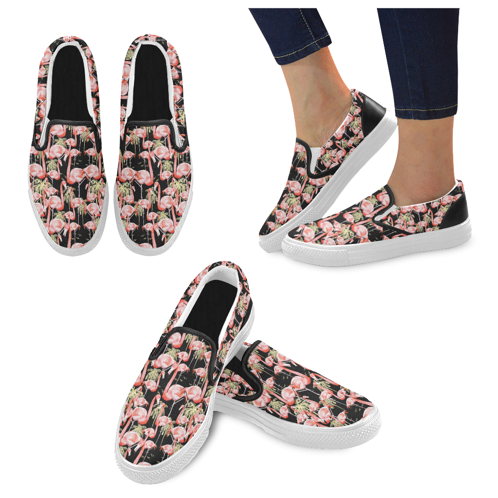 Pattern of flamingos among golden palm trees 2 Women's Slip-on Canvas Shoes (Model 019)