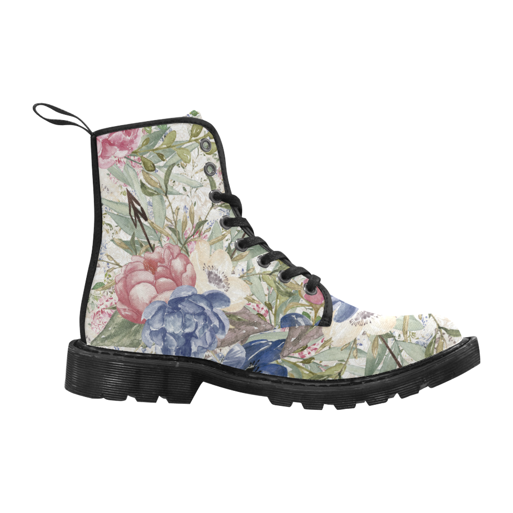 Spring Flowers Boots, Watercolor Art Martin Boots for Women (Black) (Model 1203H)