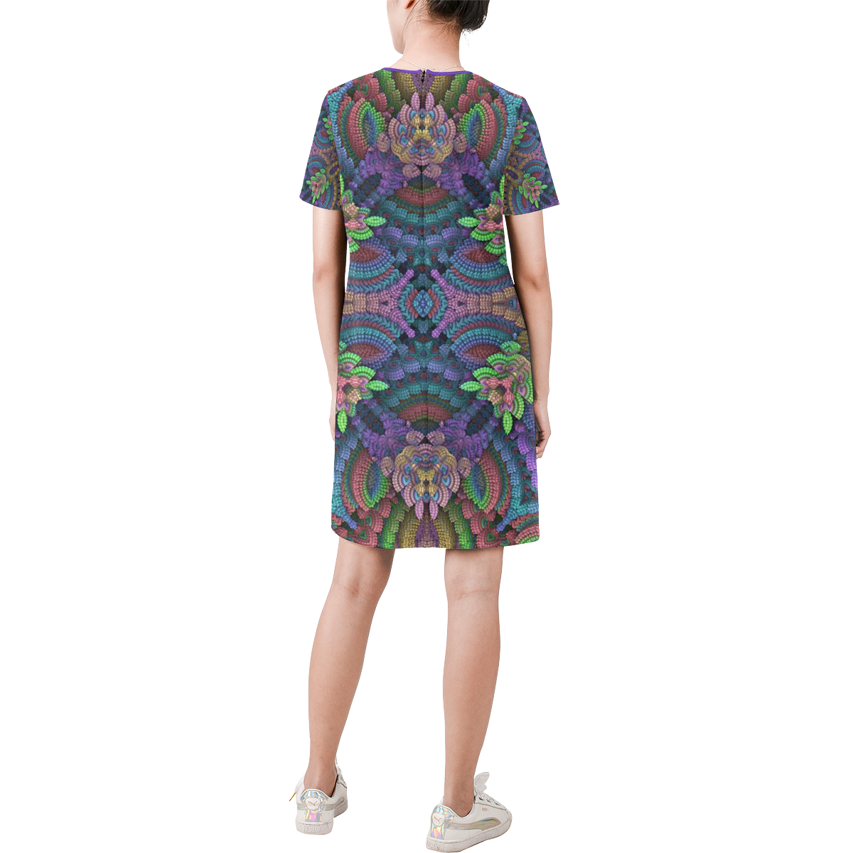 Color Garden Short-Sleeve Round Neck A-Line Dress (Model D47)