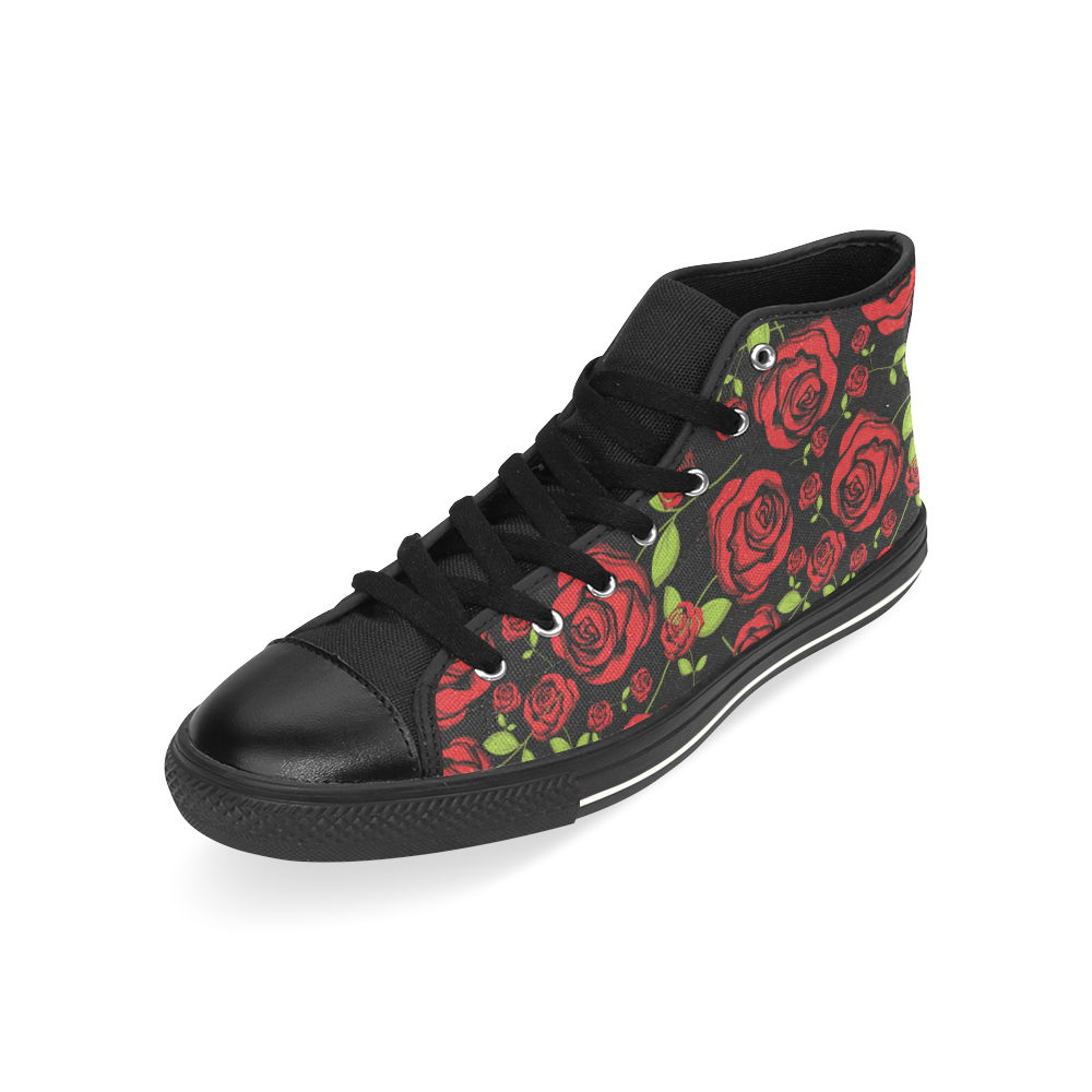 Red Roses on Black High Top Canvas Shoes for Kid (Model 017)