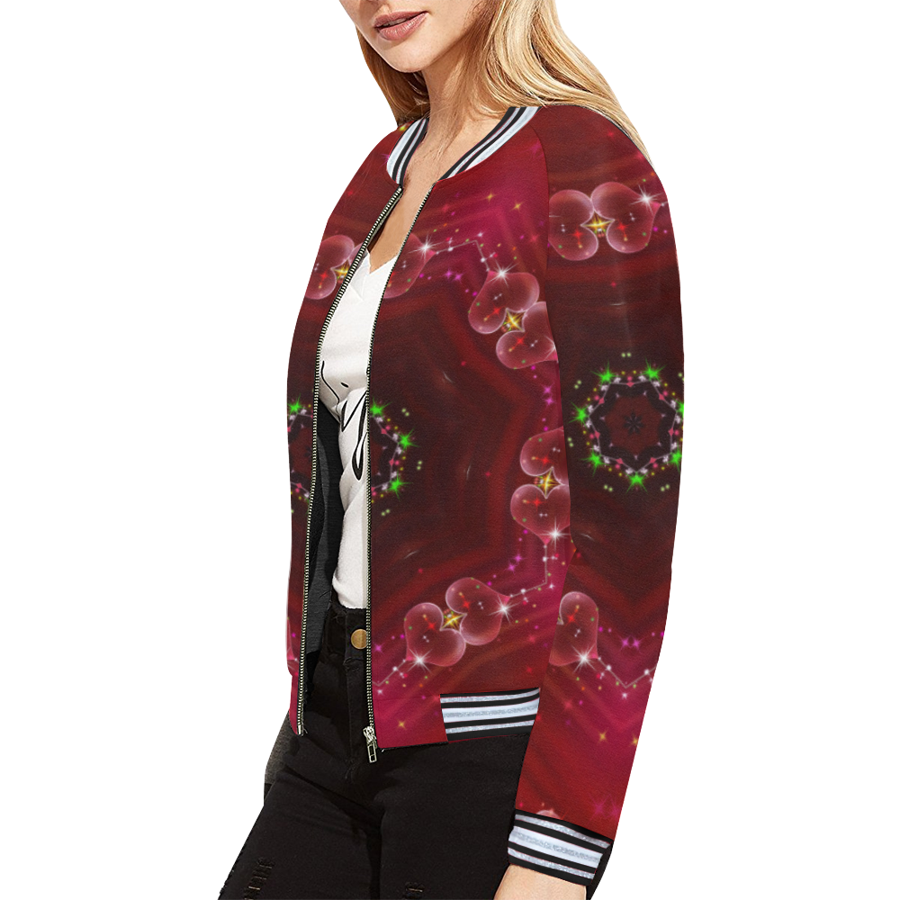 Love and Romance Glittering Ruby and Diamond Heart All Over Print Bomber Jacket for Women (Model H21)