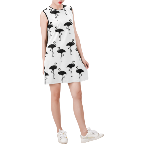Flamingos Pattern Black and White Sleeveless Round Neck Shift Dress (Model D51)