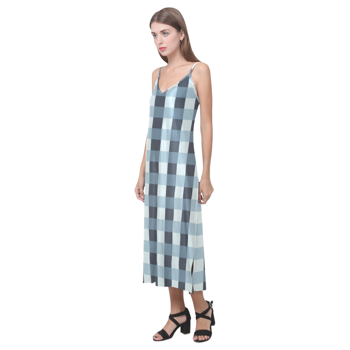 Tartan Turquoise V-Neck Open Fork Long Dress(Model D18)