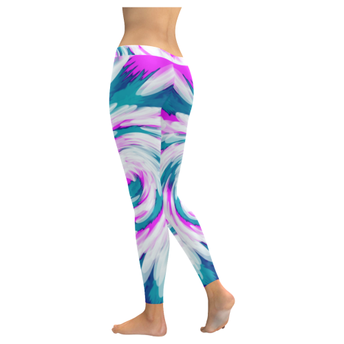 Turquoise Pink Tie Dye Swirl Abstract Women's Low Rise Leggings (Invisible Stitch) (Model L05)