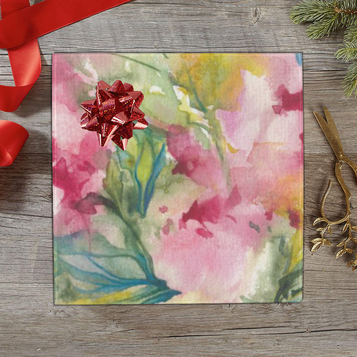 Pink Dreamy Flowers watercolors -floral Gift Wrapping Paper 58"x 23" (1 Roll)