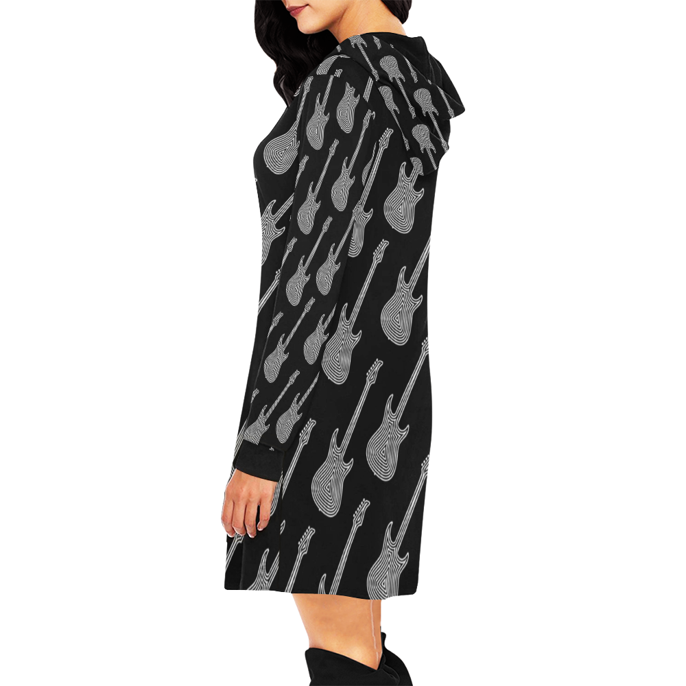 Black and White Guitars Pattern by ArtformDesigns All Over Print Hoodie Mini Dress (Model H27)