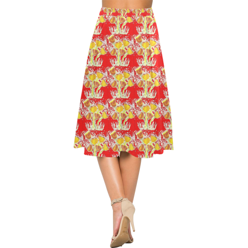 Red Crepe Skirt With Yellow Poppies Aoede Crepe Skirt (Model D16)