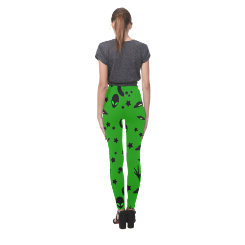 Alien Flying Saucers Stars Pattern on Green Cassandra Women's Leggings (Model L01)