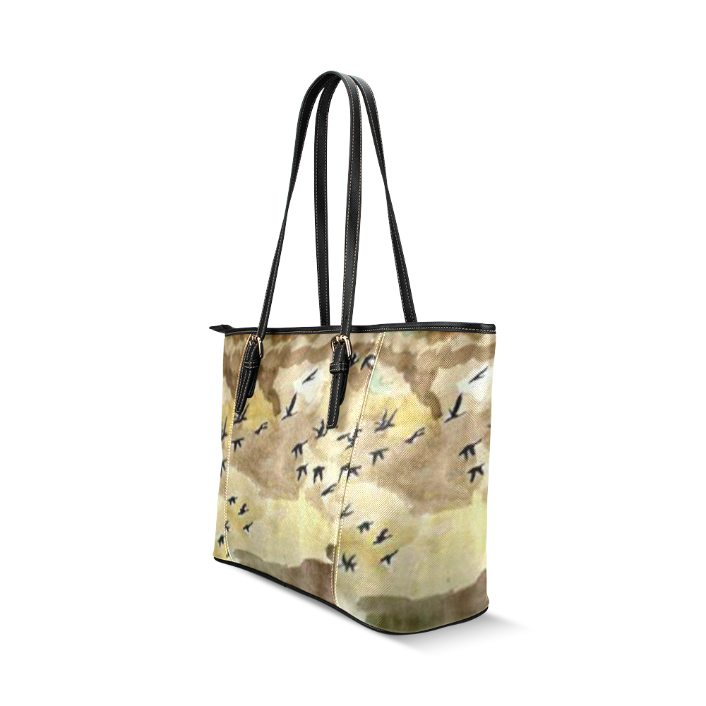 birds tote bag women Leather Tote Bag/Large (Model 1640)
