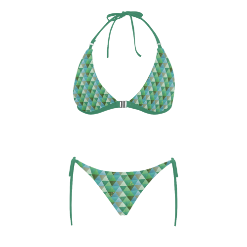 Triangle Pattern - Green Teal Khaki Moss Buckle Front Halter Bikini Swimsuit (Model S08)