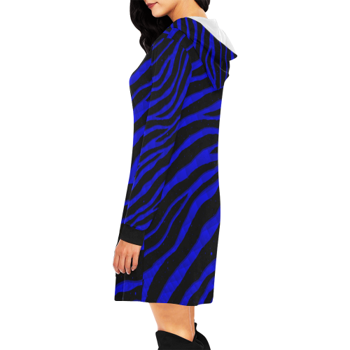Ripped SpaceTime Stripes - Blue All Over Print Hoodie Mini Dress (Model H27)
